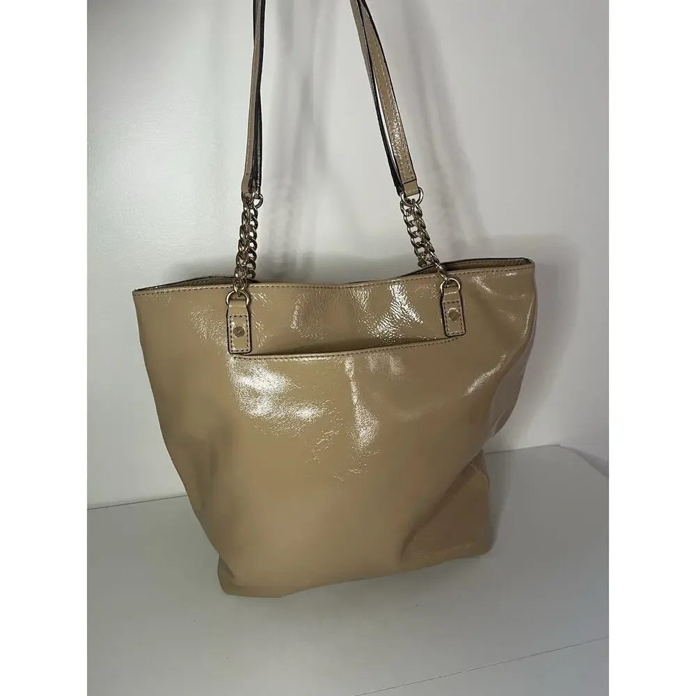 Michael Kors Jet Set Patent Leather Chain Tote Shoulder Bag Camel Gold EUC!